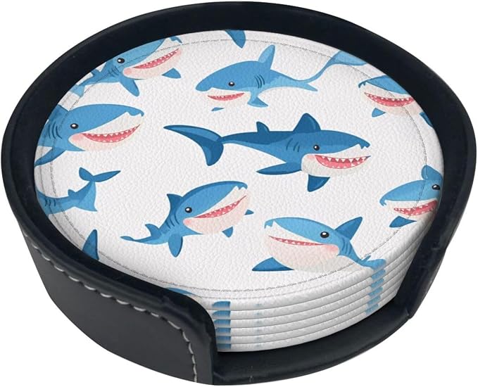 Cartoon Blue Sharks Leather Coasters Set of 6 by Nameapo