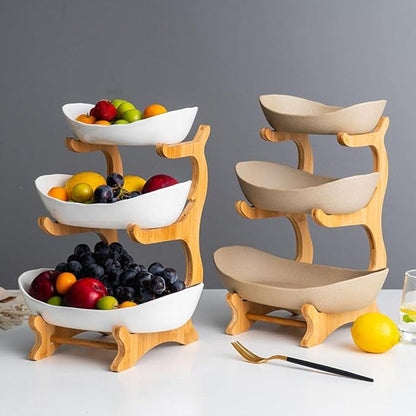 jessie 3 Tier Fruit Basket,Ceramic Large Capacity Tiered Fruit Basket Stand,Bamboo Fruit Serving Tray Snacks Nuts Bread Candy Storage Holder (White porcelain)