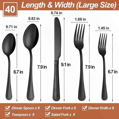 40 Pcs Black Silverware Set for 8, Food Grade Stainless Steel Flatware Set - Image 2