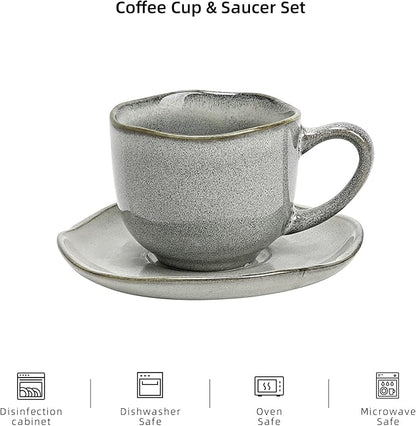 Organic Shape Highland Ceramic Coffee Cup and Saucer, 6pcs 8oz Handmade Reactive Glaze Saucer Sets with Wavy Edge, for Kitchen, Microwave & Dishwasher Safe, Scratch Resistant-grey