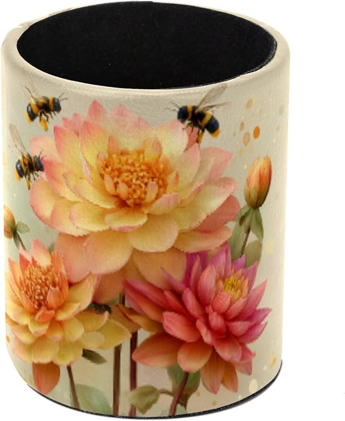 Leather Pen Holder for Desk, Watercolor Floral Pencil Cup Pen Organizer Makeup by Unknown