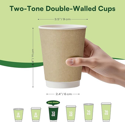 12 oz Hot Cups Compostable Coffee Cups -120 Pack Double Wall Paper Cups, BPI Certified PLA Coated Compostable Cups, Natural Kraft To-go Disposable Coffee Cups for Office Coffee Bar To Go Travel