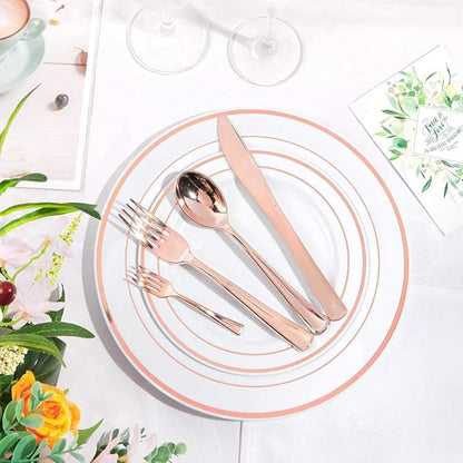 WDF 300 Pieces Rose Gold Plastic Silverware- Disposable Flatware Set - Heavy Duty Plastic Cutlery Includes 100 Forks, 100 Spoons, 100 Knives Perfect for Valentines day, Wedding, Party