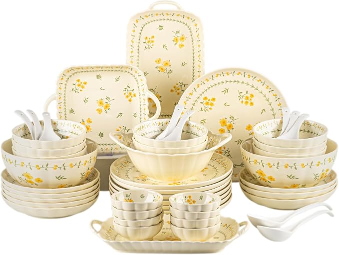 Ceramic Dinnerware Set, Floral Plates and Bowls Sets, Microwave & Dishwasher by FANGJING