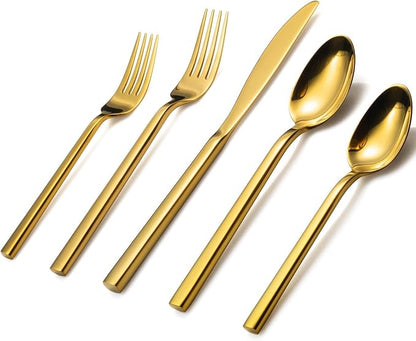 Alata Cube Gold 20-Piece Flatware Set, Forged Cutlery Set, Mirror Finish by Alata