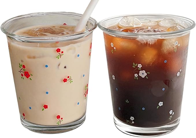 2 Pack 12 OZ Cute Floral Glass Cup French Drinking Glasses | Thick Sturdy by yaocoral