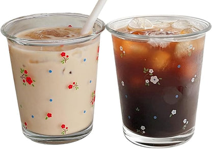 2 Pack 12 OZ Cute Floral Glass Cup French Drinking Glasses | Thick Sturdy by yaocoral