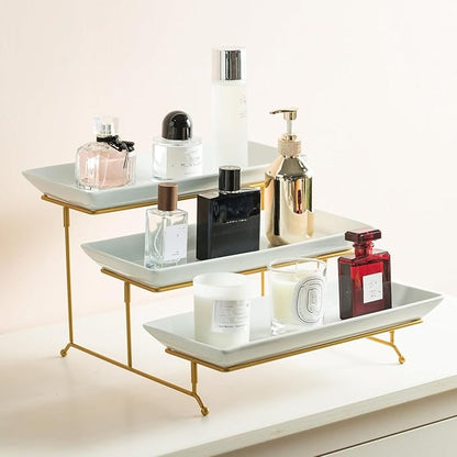 Gomakren 3 Tier Serving Stand with Porcelain Serving Platter Tray - Collapsible Gold Stand with 3 Piece Large14 Inch White Plates for Food Presentation Dessert Server Display and Entertaining