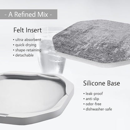 UMIRRO Absorbent Coasters for Drinks with Holder, Silicone Cup Coaster with Felt Insert for Coffee Table Decor, Small Unique Birthday Gift Ideas for Men, Dad, Him, Women Mom, Her, 4", Grey, Set of 6