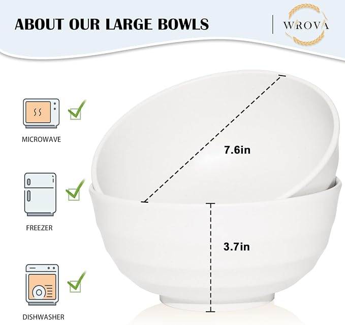 Wheat Straw Bowls Set 60 OZ, Unbreakable Large White Bowls Set of 6, Microwave - Image 2