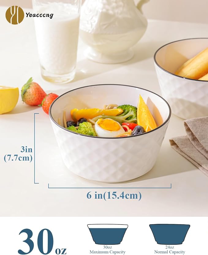 Yeacccng Ceramic Soup Bowls Set of 6, 30 Oz White Cereal Bowls, 6 inch Small - Image 2