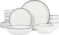 Gibson Home Oslo 16-Piece Porcelain Ceramic Chip & Scratch Resistant Dishes, Microwave & Dishwasher Safe, Plates and Bowls Dinnerware Set, White w/Blue Rim