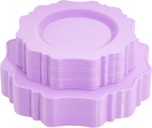 COLOSUS 60Pcs Lavender Purple Plastic Plates set,Heavy Duty Purple Disposable Plates include 30 Dinner plate 10.5” and 30 Salad/Dessert Plate 8.25” for Party and wedding