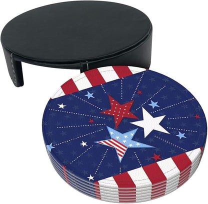 6 Pcs 4th of July Star Red Blue Independence Day Patriotic Star Leather Coasters - Image 4
