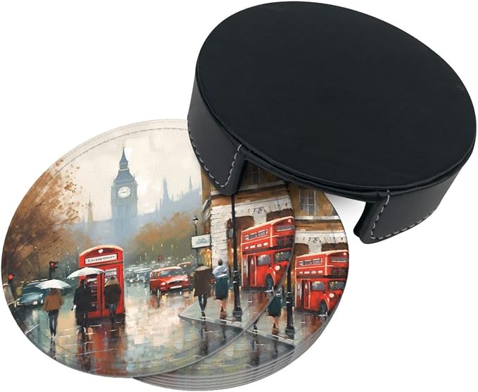 6Pcs PU Leather Coaster for Drinks, London Impression Cup Coasters - Image 8