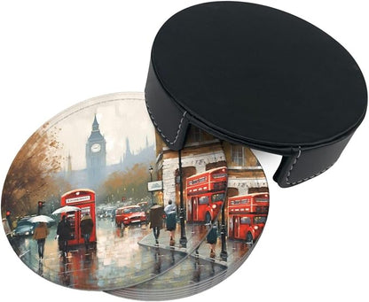 6Pcs PU Leather Coaster for Drinks, London Impression Cup Coasters - Image 8