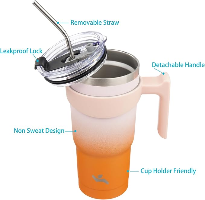 Konokyo 20 oz Tumbler with Handle and Straw, Insulated Travel Mug | Coral; - Image 2