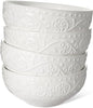 Artena Ceramic Cereal Bowls 26 oz, Embossment Soup Bowls Set of 4, White Salad Bowl for Kitchen, Dinner, Breakfast, Oatmeal, Rice, Pasta, Dishwasher Microwave Safe, 6 inch (Lianas)