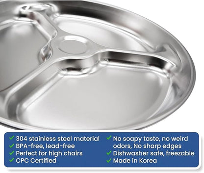 Korean Stainless Steel Divided Plates for Toddlers, Kids, Babies, 8-Inch, Premium 304, Electro-Polished, No Black Residue, BPA-Free, Round 3-Compartment Food Tray, Camping, Diet Control, Set of 2