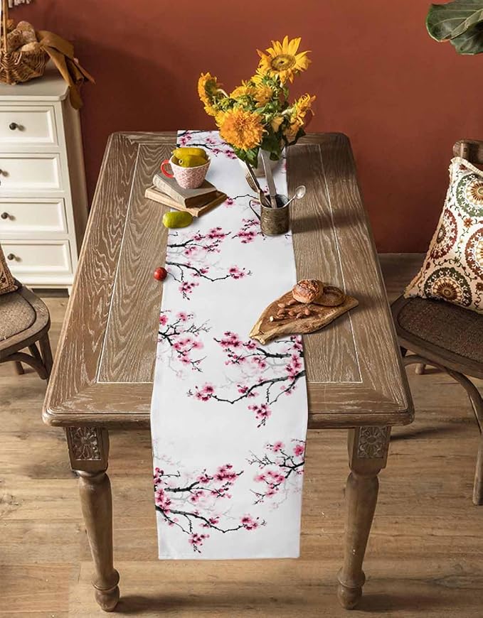 Pink Cherry Flowers Table Runners 72 Inches Long, Cotton Linen Fabric Table - Image 4