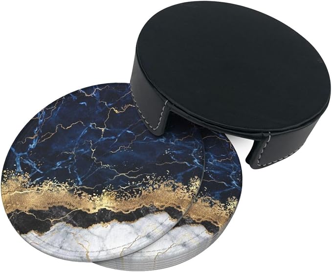 6 Pcs Gold Navy Blue Marble Leather Coasters - Image 5