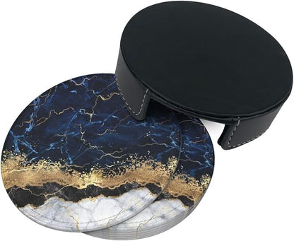 6 Pcs Gold Navy Blue Marble Leather Coasters - Image 5