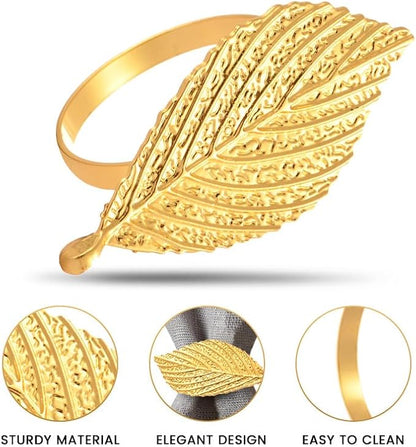 Decozen Set of 4 Gold Napkin Rings in Leaf Design, Festive, Table Decor Setting for Holiday, Wedding, Birthday, Kitchen, Home Decor, Housewarming Gift - Mothers Day Decorations