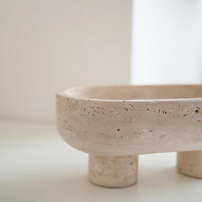 WILD WORKS Travertine Fruit Bowl, 10.2" Oval Beige Stone Serving Bowl for Kitchen Counter & Dining Table, Handcrafted Decorative Centerpiece with Non-Slip Feet for Home Decor