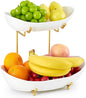 2 Tier Ceramic Fruit Bowl for Kitchen Counter, Tiered Fruit Basket for Countertop, Modern Multi Layer Fruit Display Stand for Party, Cute (Gold&White, Large)