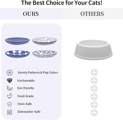 Selamica Ceramic Cat Bowls, 6 Inch Wide Shallow Cat Food Bowl for Relief Whisker Fatigue, Set of 4, Vintage Blue