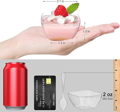TOFLEN 200ct 2 oz Mini Dessert Cups with Spoons, Clear Plastic Reusable Small Party Serving Cups for Appetizers, Hors D'oeuvres Plates