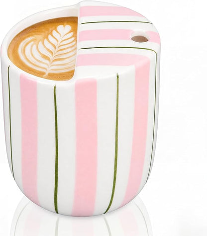 Ceramic Mug with Sip Hole 10 oz Pink Green Striped Ceramic Coffee Mug Hand by Ferrochef