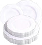 WDF 60pcs Silver Plastic Plates-Baroque White &Silver Plates for Upscale Parties &Wedding-including 30Plastic Dinner Plate 10.25inch, 30 Salad Plate 7.5inch for Valentine's Day