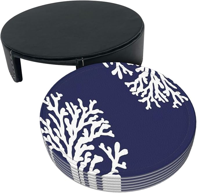 6 Pcs Coral Navy Blue Nautical Coastal Ocean Theme Marine Leather Coasters - Image 4