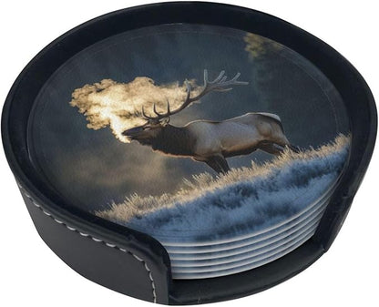 Majestic elk steam Printed Leather Coasters for Drinks, Set of 6 Drink Coaster Dining Room Decor Cup Coasters