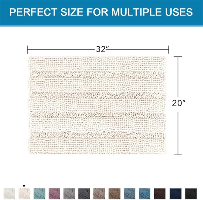 H.VERSAILTEX Bath Rugs for Bathroom Non Slip Bath Mats Extra Thick Chenille Striped Rug 20" x 32" Absorbent Non Skid Fluffy Soft Shaggy Washable Dry Fast Plush Mat for Indoor, Bath Room, Tub - Ivory