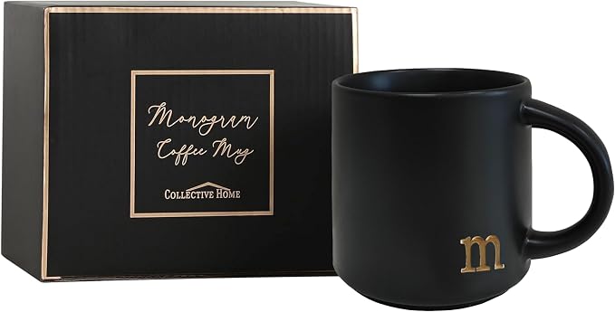 COLLECTIVE HOME Black Ceramic Coffee Mug, 15 oz Golden Monogram Tea Cup | - Image 8