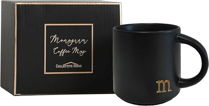 COLLECTIVE HOME Black Ceramic Coffee Mug, 15 oz Golden Monogram Tea Cup | - Image 8