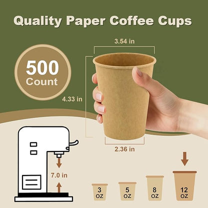 12 oz 500 Pack Disposable Coffee Cups, Bulk Brown Disposable Paper Cups, Coffee Cups for Hot Tea, Chocolate and Cold Drinks