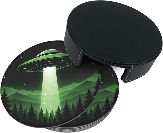 Modern UFO Mountain Art Leather Coasters Set of 6 - Image 3