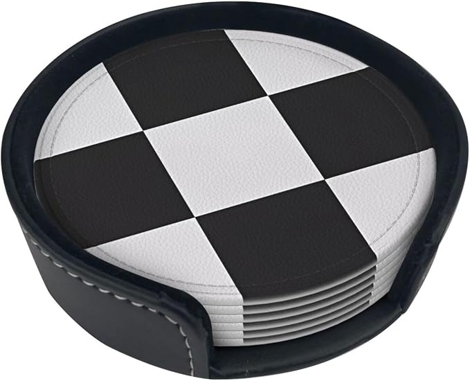 6 Pcs Black and White Checker Leather Coasters - Image 5