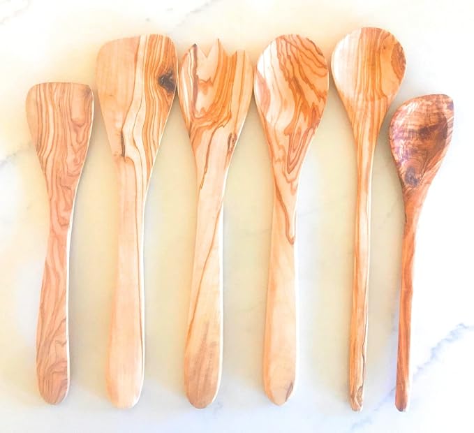6 Pc 12"/14" Long Handle Olive Wood Utensil Set- by Orchard Hardwoods- Elegant by OrchardHardwoods