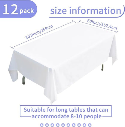 BIGTONE 12 Pack White Rectangle Tablecloth 60 x 102 Inch, Cross Ribbon Packing Reusable Table Clothes for 6 Foot Tables, Wrinkle Resistant Polyester Fabric Table Cover for Wedding, Party, Banquet