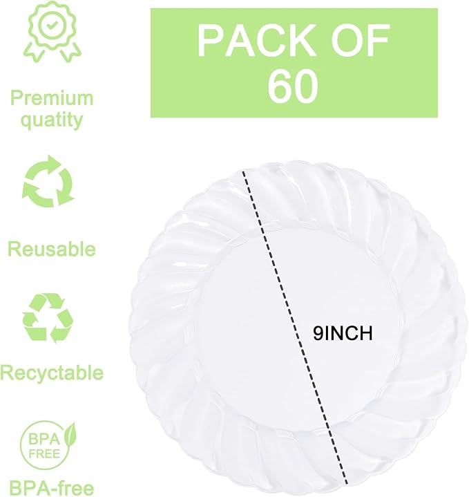 U-QE 60 Pieces Clear Plastic Plates - Image 2