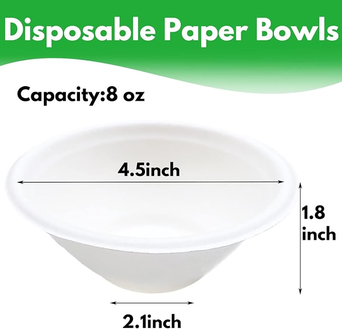 Haawooky 100 Pack White Disposable Paper Bowls, 8oz Natural Compostable - Image 2