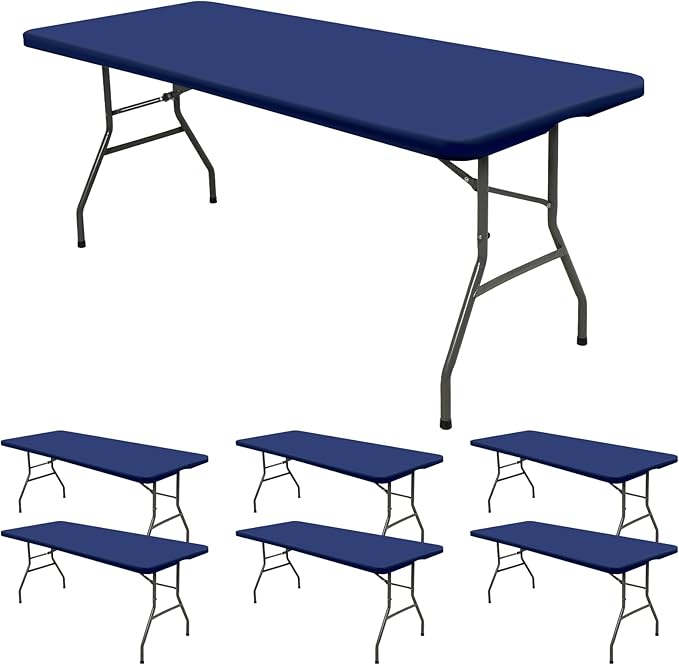 6 Pack Stretch Fabric Table Top Cap Cover, fits 6' Tables, Spandex Table Covers Washable Elastic Rectangle Tablecloth Protector for Indoor Outdoor Party Picnic Wedding, Navy Blue, 30" W x 72" L