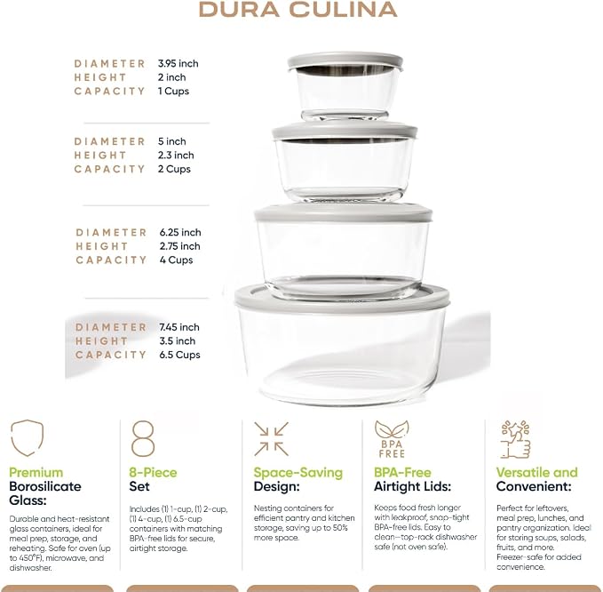 8-Piece Glass Food Storage Containers Set | Round, Microwave & Dishwasher Safe - Image 2