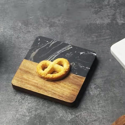 I-LAN 4 Pack Acacia Wood and Black Marble Style Coasters, 4x4 Inch Square Modern Drink Coasters Set, Decorative Mixed Material Coasters for Coffee Table, Bar, and Housewarming Gift