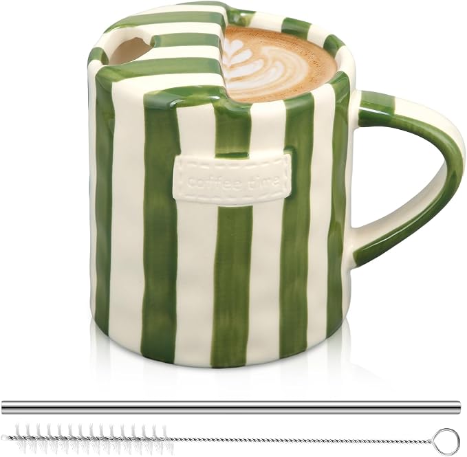 1 Pack Ceramic Coffee Mug with Sip Hole Espresso Cup 10oz with Straws Retro by Ferrochef