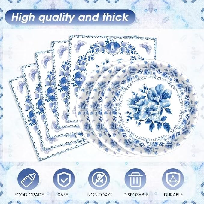 41Pcs Blue White Floral Party Decorations Disposable Tableware Set Serves 20 - Image 3